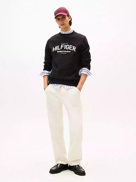 Tommy Hilfiger Tommy Hilfiger Erkek Saf Pamuklu Polar Yuvarlak Yakalı Logo İşlemeli Normal Kalıp Siyah Sweatshirt MW0MW40067-BDS