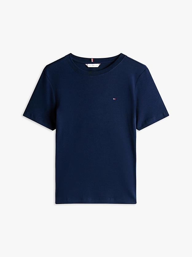 TOMMY HILFIGER Tommy Hilfiger Kadın %100 Pamuklu Logo Detaylı Bisiklet Yaka Kısa Kollu Mavi T-Shirt WW0WW40587-C1G