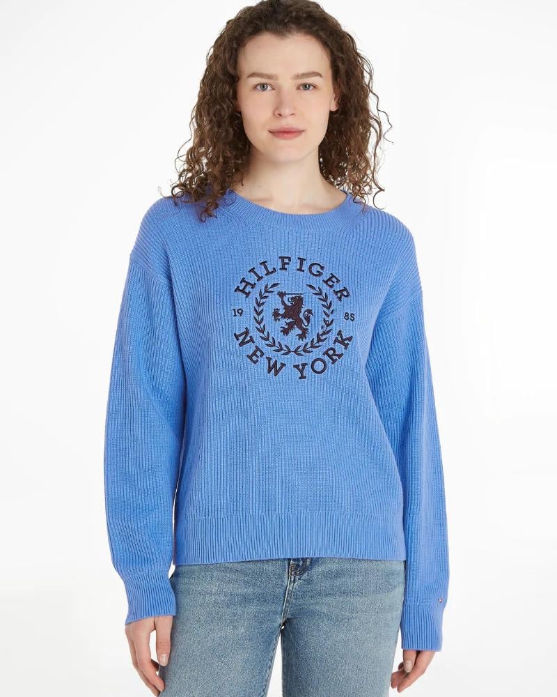 Tommy Hilfiger Tommy Hilfiger Kadın Baskılı Desenli Uzun Kollu Yuvarlak Yakalı Mavi Kazak WW0WW41146-C30