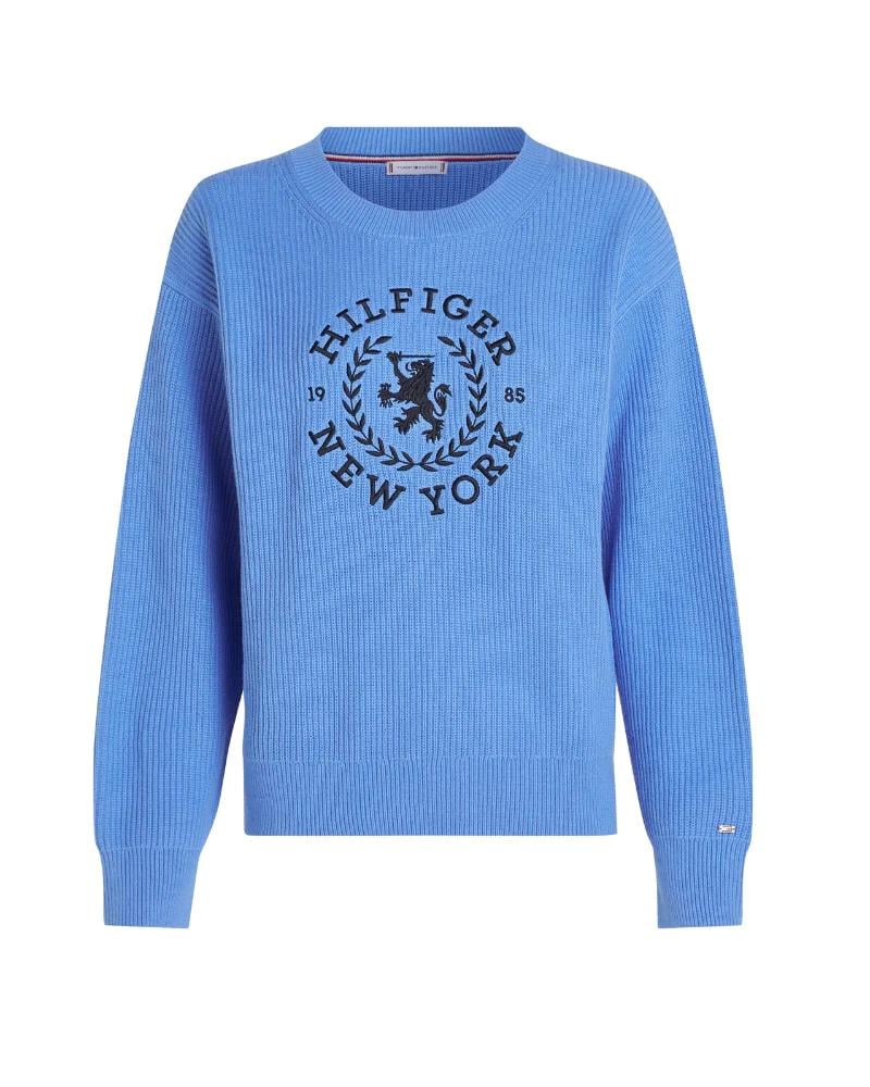 Tommy Hilfiger Tommy Hilfiger Kadın Baskılı Desenli Uzun Kollu Yuvarlak Yakalı Mavi Kazak WW0WW41146-C30