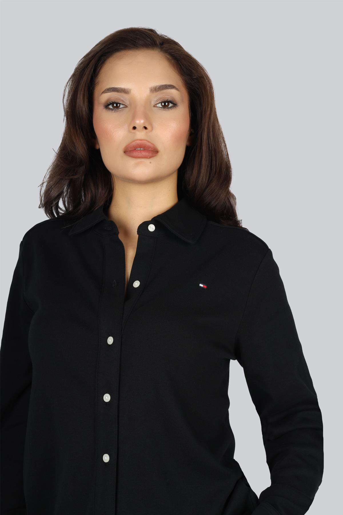 Tommy Hilfiger Tommy Hilfiger Kadın Bayrak Logo İşlemeli Havlu Kumaş Uzun Kollu Siyah Gömlek WW0WW47320-BDS