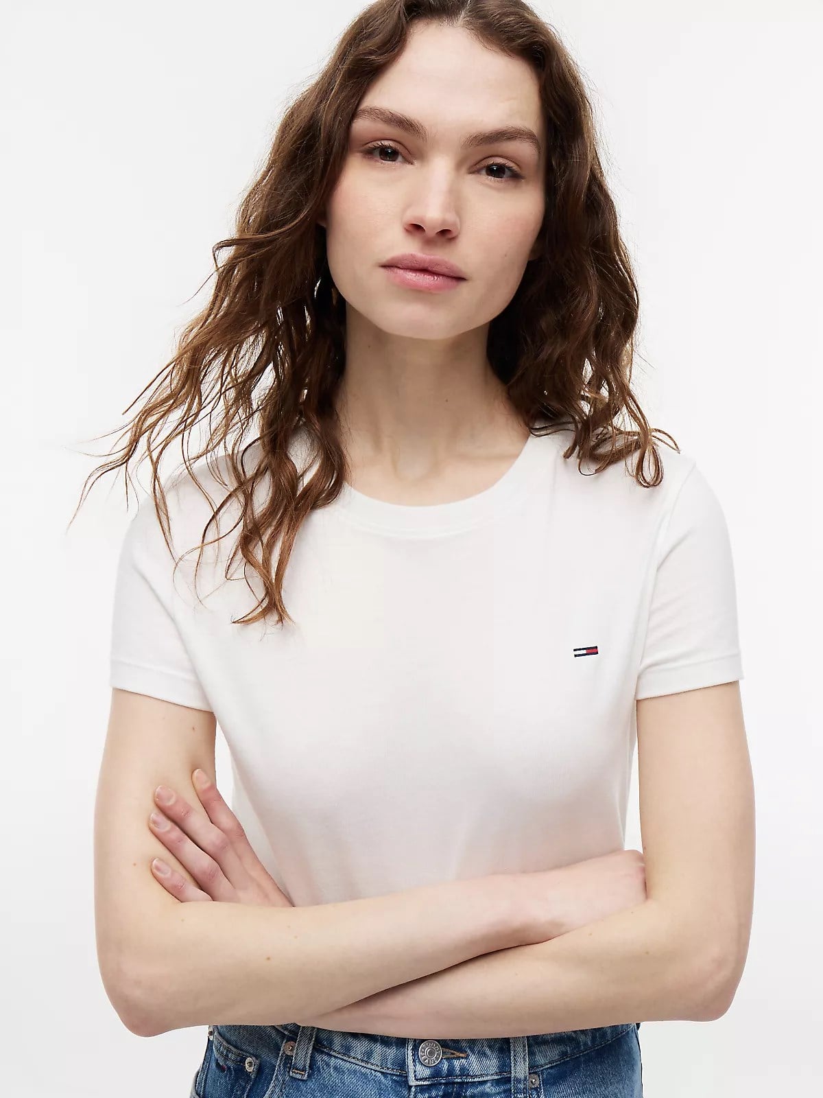Tommy Hilfiger Tommy Hilfiger Kadın Dar Kesim Logo İmzalı Yuvarlak Yakalı Pamuklu Kısa Kollu Beyaz T-Shirt DW0DW20459-YBL