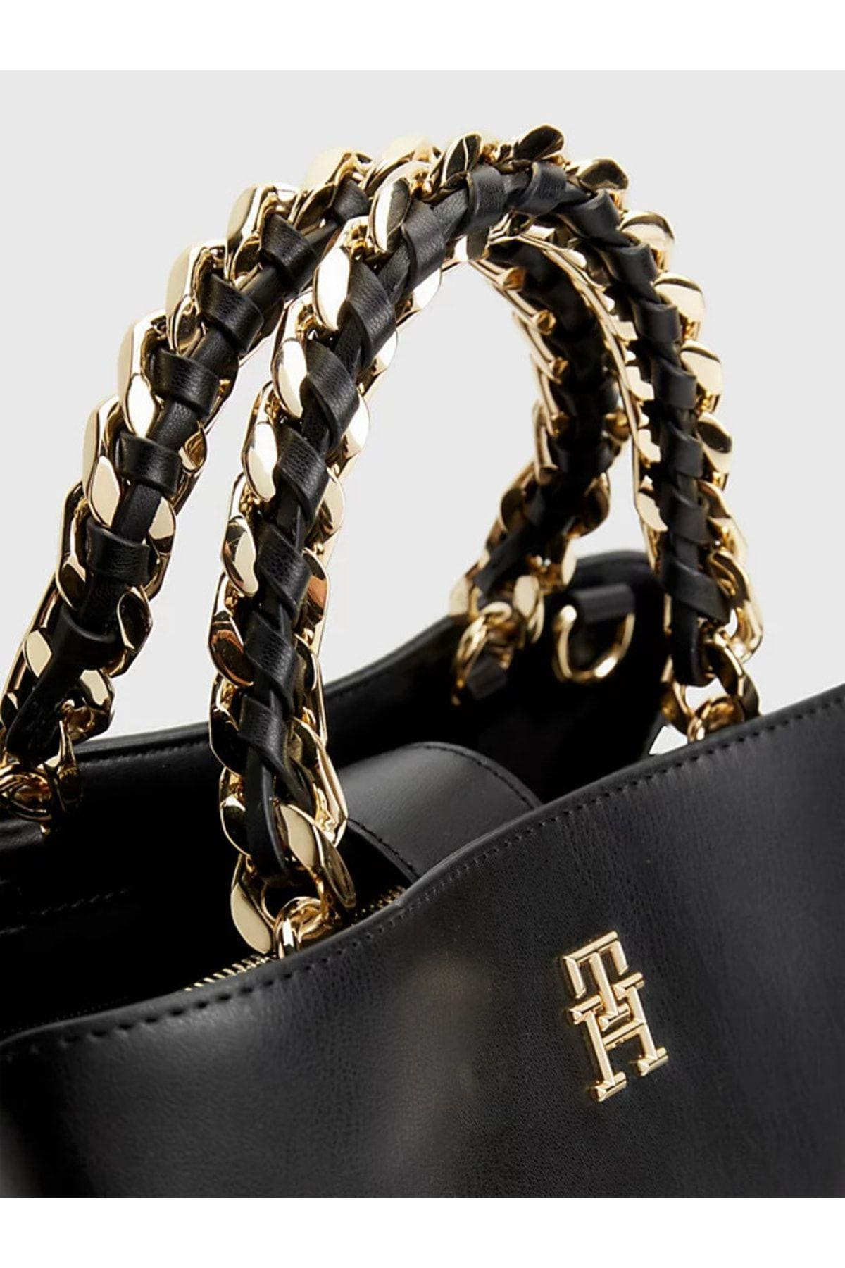 Tommy Hilfiger Tommy Hilfiger Kadın Deri Marka Logolu Fermuarlı Günlük Kullanım Siyah Omuz Çantası AW0AW14870-BDS
