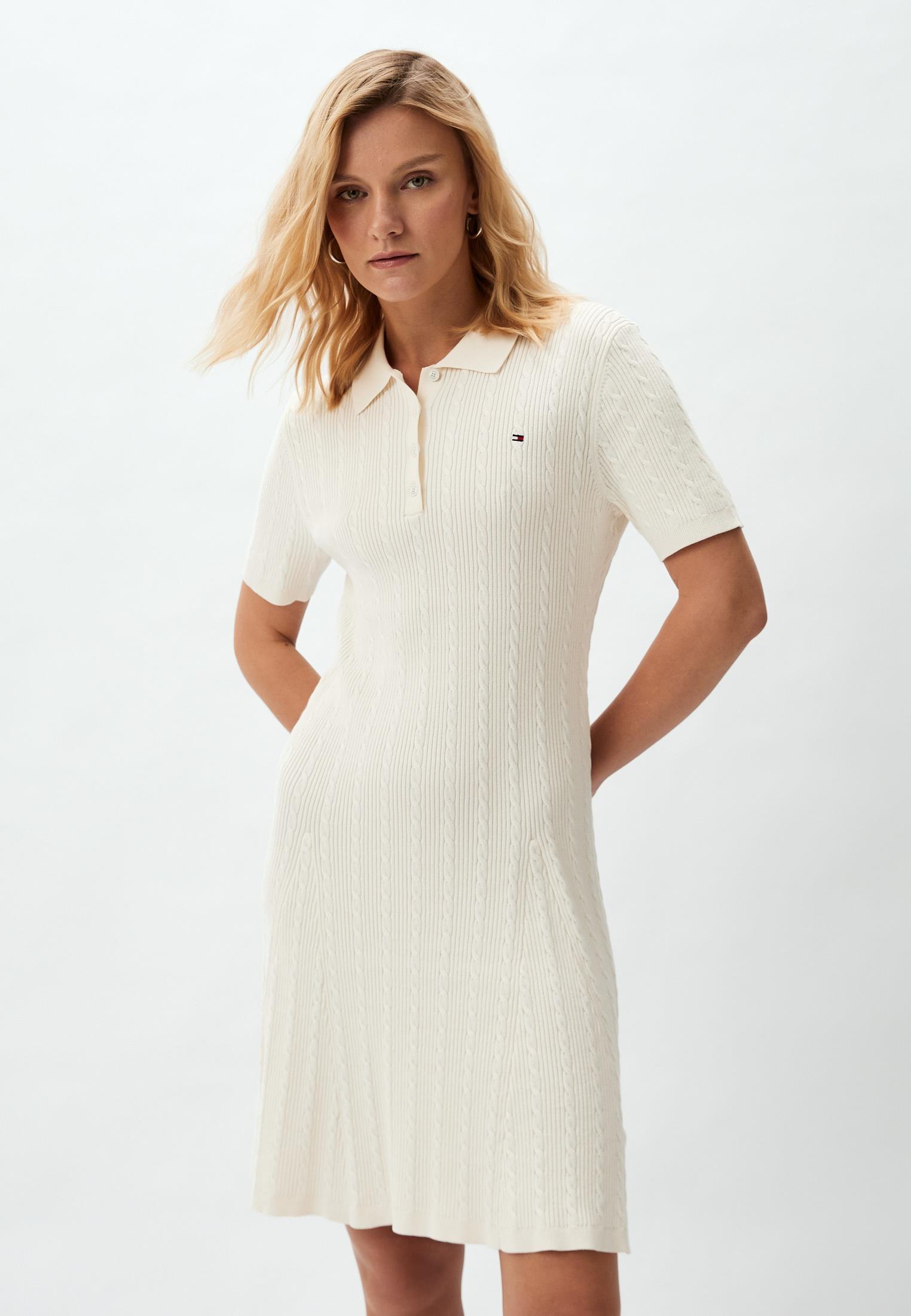 Tommy Hilfiger Tommy Hilfiger Kadın Diz Üstü Polo Yaka Kısa Kollu Pamuklu Düz Sarı Elbise WW0WW43087-Z00