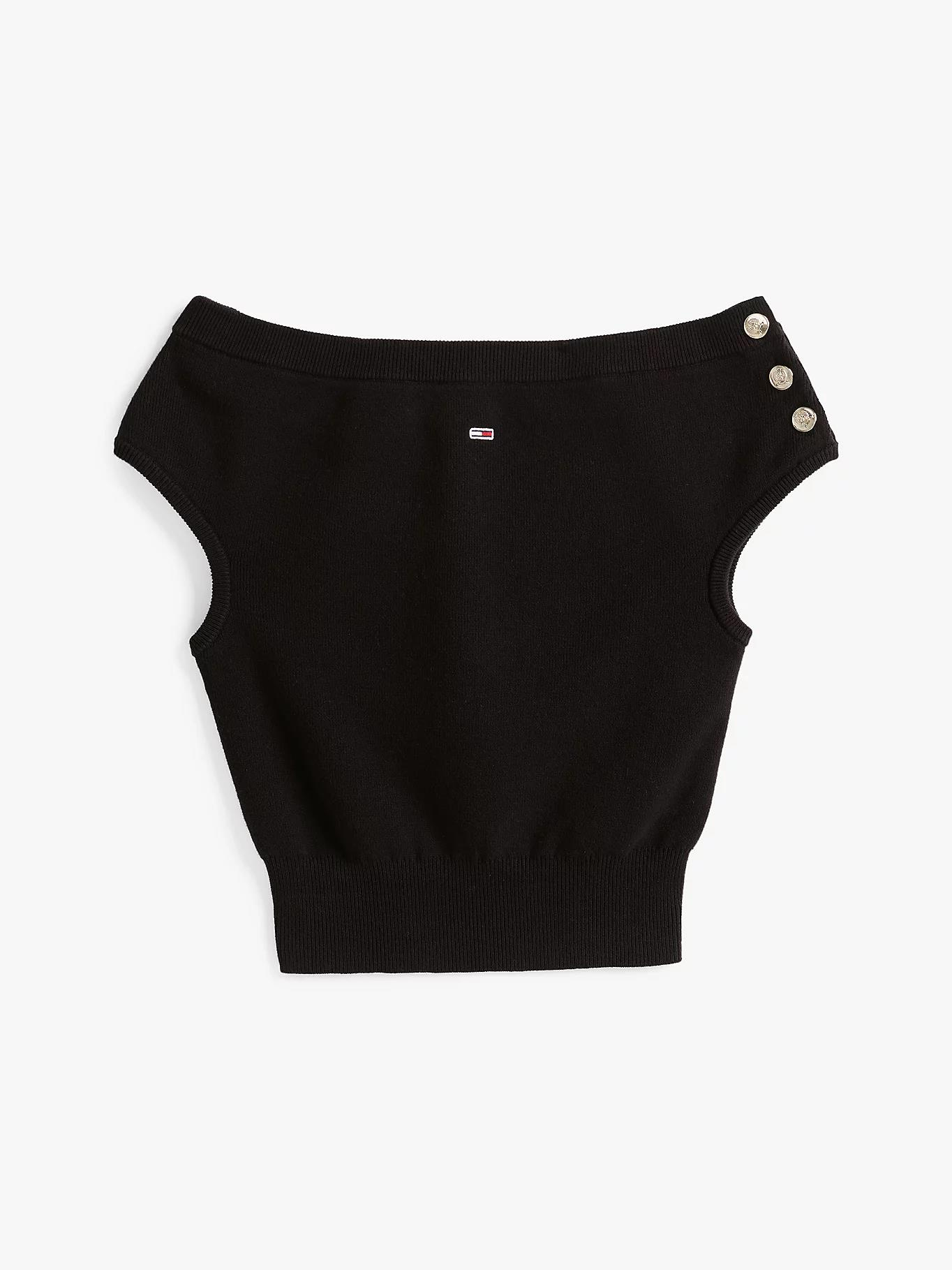 TOMMY HILFIGER Tommy Hilfiger Kadın Dokuma Kumaş Omzu Açık Beli Lastikli Çizgili Crop Siyah Bluz DW0DW20252-BDS