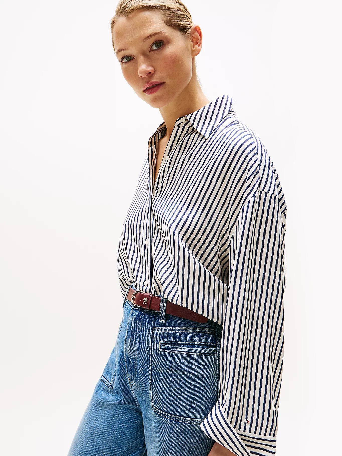 TOMMY HILFIGER Tommy Hilfiger Kadın Gömlek Yaka Çizgili Uzun Kol Regular Fit Beyaz Gömlek WW0WW45888-0FD