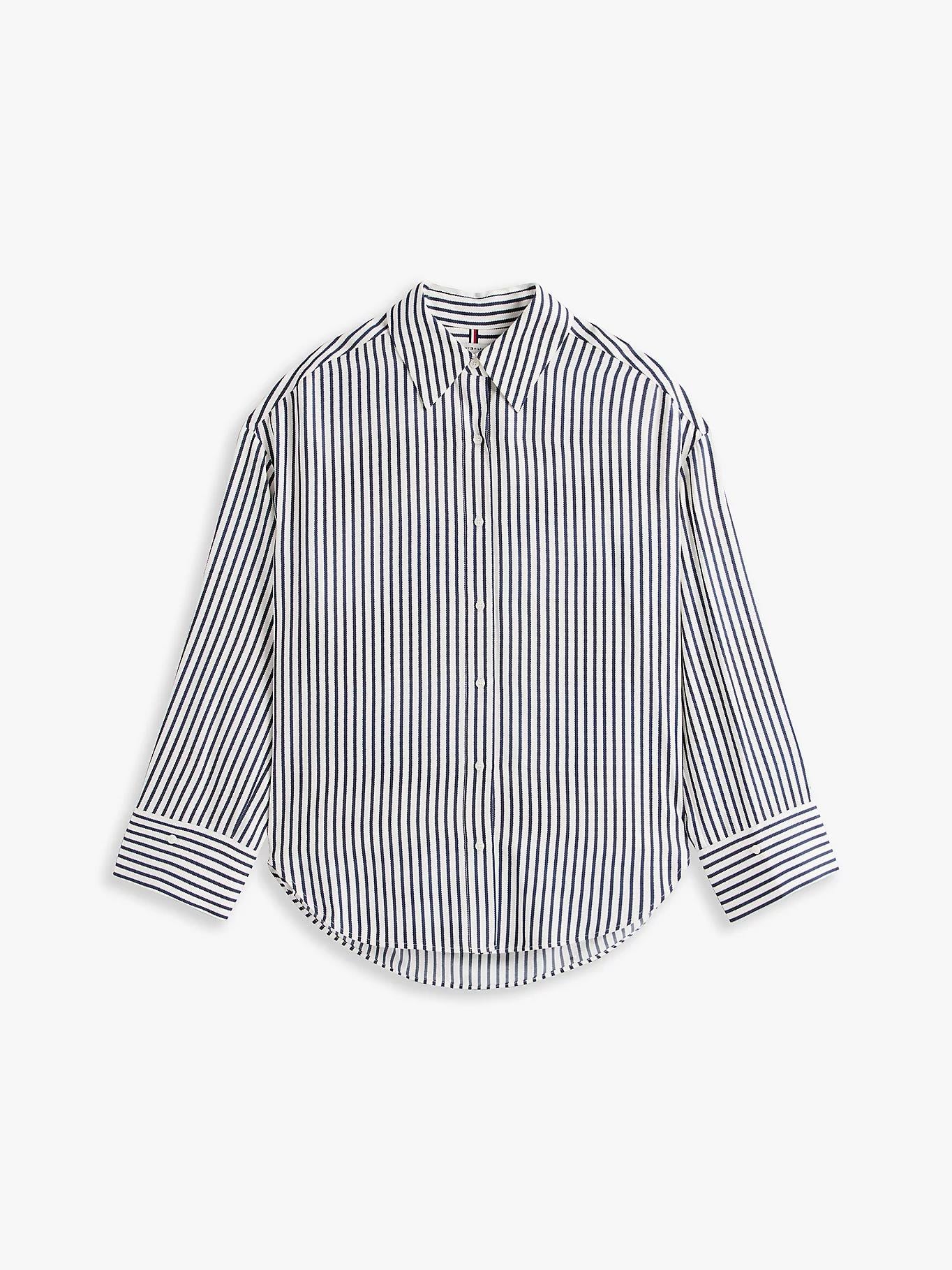 TOMMY HILFIGER Tommy Hilfiger Kadın Gömlek Yaka Çizgili Uzun Kol Regular Fit Beyaz Gömlek WW0WW45888-0FD