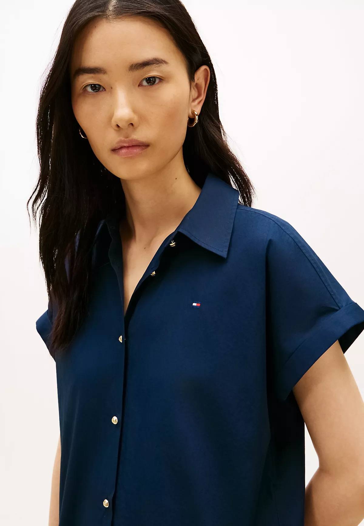 Tommy Hilfiger Tommy Hilfiger Kadın Kısa Kol Düğme Kapama Gömlek Yaka Pileli Etek Lacivert Elbise WW0WW48941-C1G