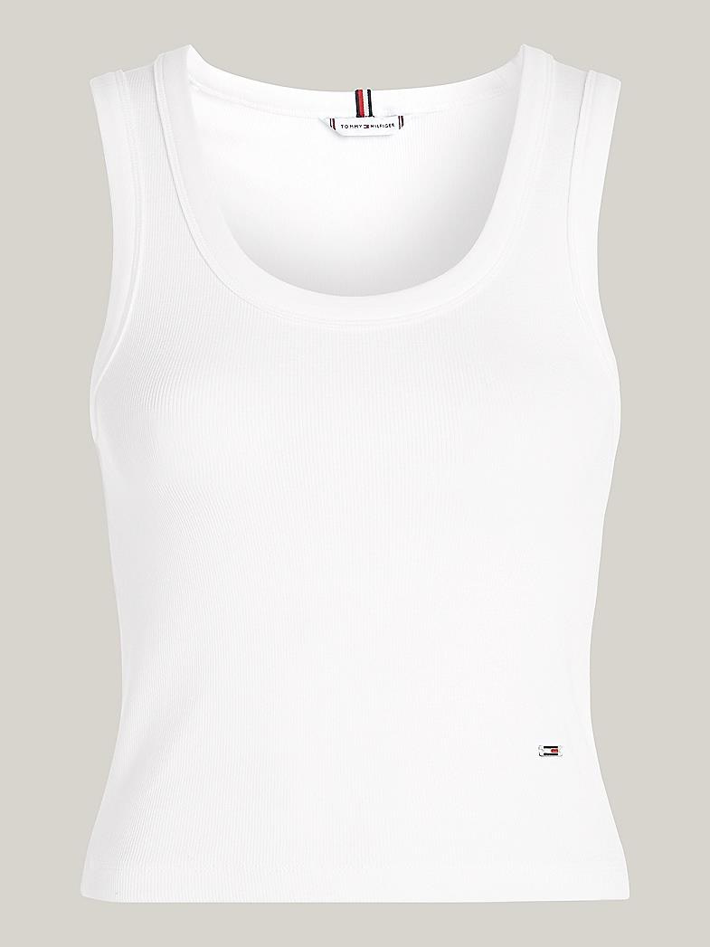 Tommy Hilfiger Tommy Hilfiger Kadın Logolu Yuvarlak Yaka  Crop Beyaz Bluz WW0WW41201-YCF