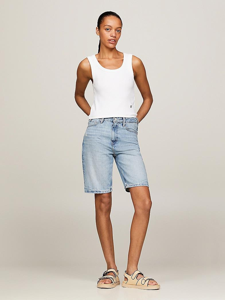 Tommy Hilfiger Tommy Hilfiger Kadın Logolu Yuvarlak Yaka  Crop Beyaz Bluz WW0WW41201-YCF