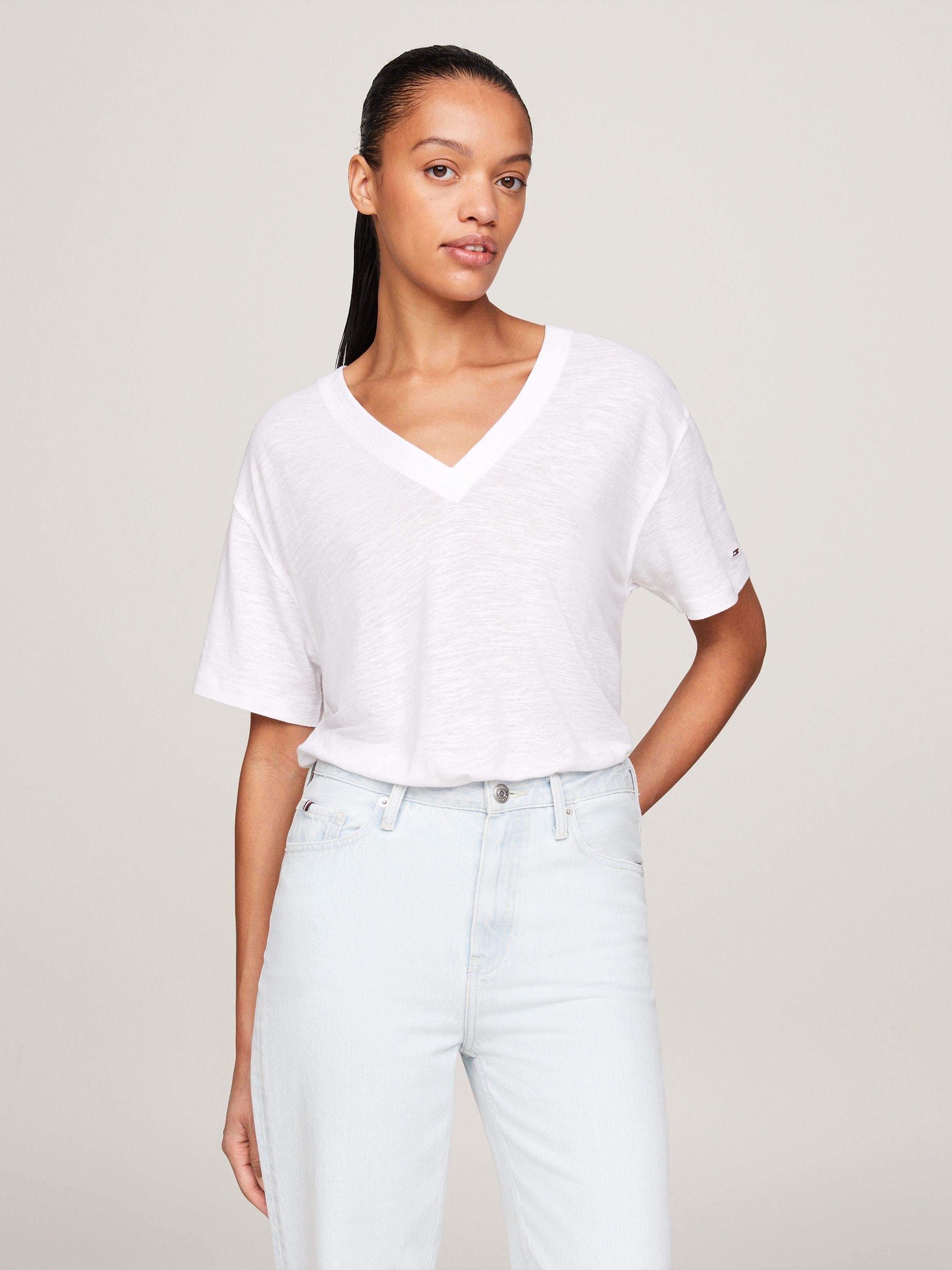 Tommy Hilfiger Tommy Hilfiger Kadın Marka Logolu V Yaka Kısa Kollu Beyaz T-Shirt WW0WW41198-YCF