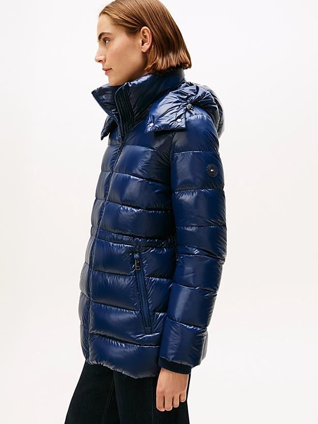 Tommy Hilfiger Tommy Hilfiger Kadın Normal Kalıp Su İtici Parlak Kumaş Dolgulu Kapüşonlu Mavi Ceket WW0WW47355-C1G