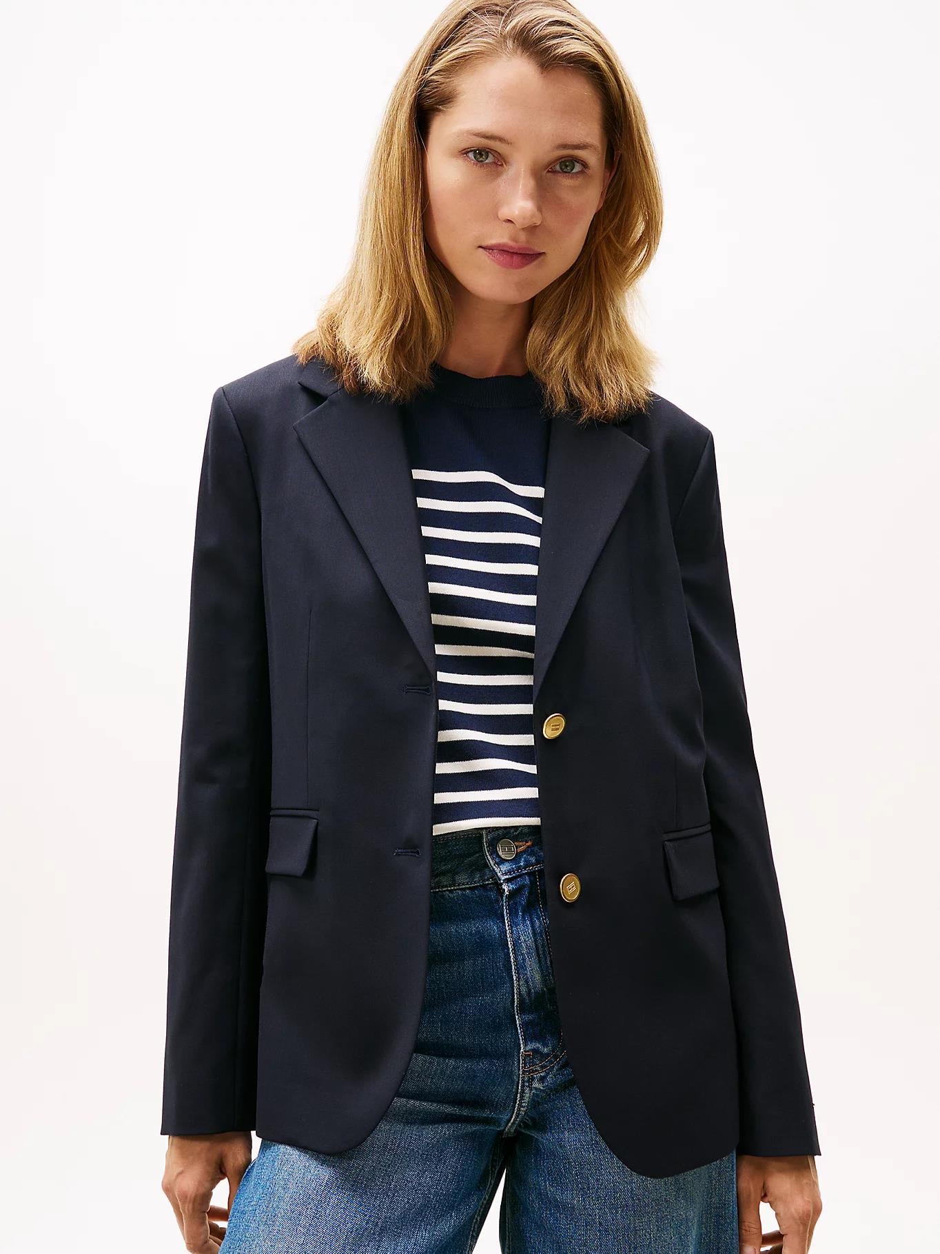 Tommy Hilfiger Tommy Hilfiger Kadın Normal Kalıp Çentikli Yaka Çift Düğme Kapamalı Lacivert Ceket WW0WW46662-C1G