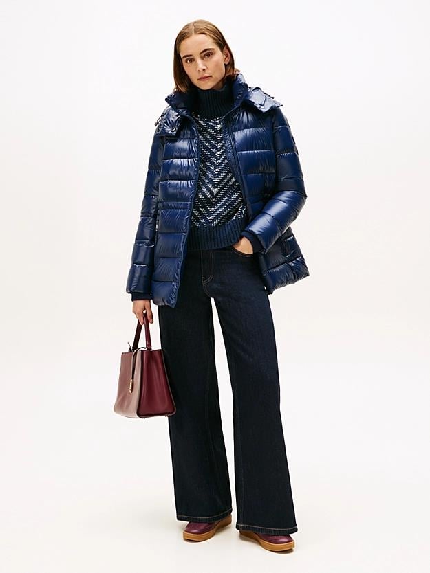 Tommy Hilfiger Tommy Hilfiger Kadın Normal Kalıp Su İtici Parlak Kumaş Dolgulu Kapüşonlu Mavi Ceket WW0WW47355-C1G