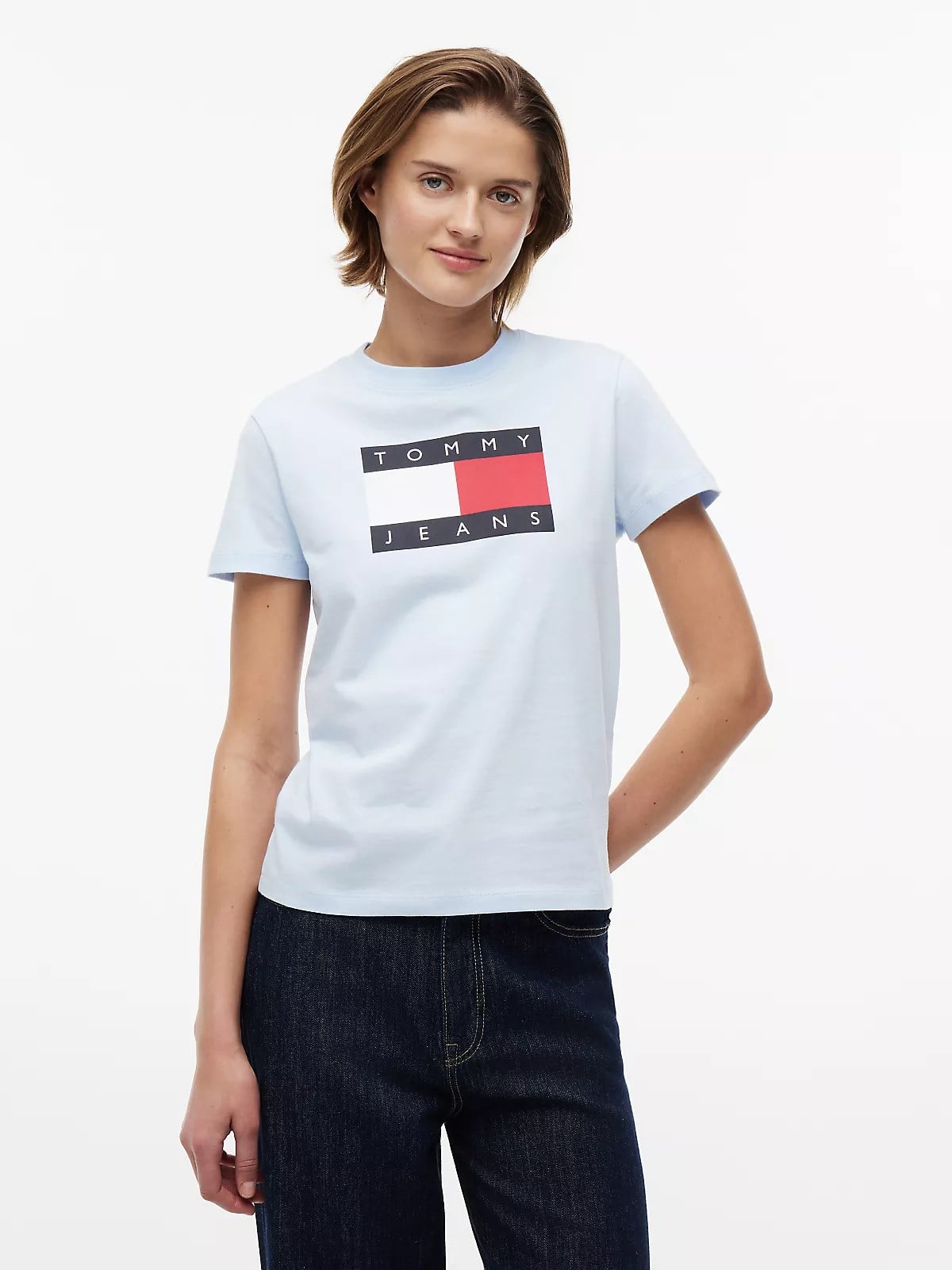 Tommy Hilfiger Tommy Hilfiger Kadın Normal Kesim Logo Baskılı Yuvarlak Yakalı Kısa Kollu Mavi T-Shirt DW0DW22562-C1R
