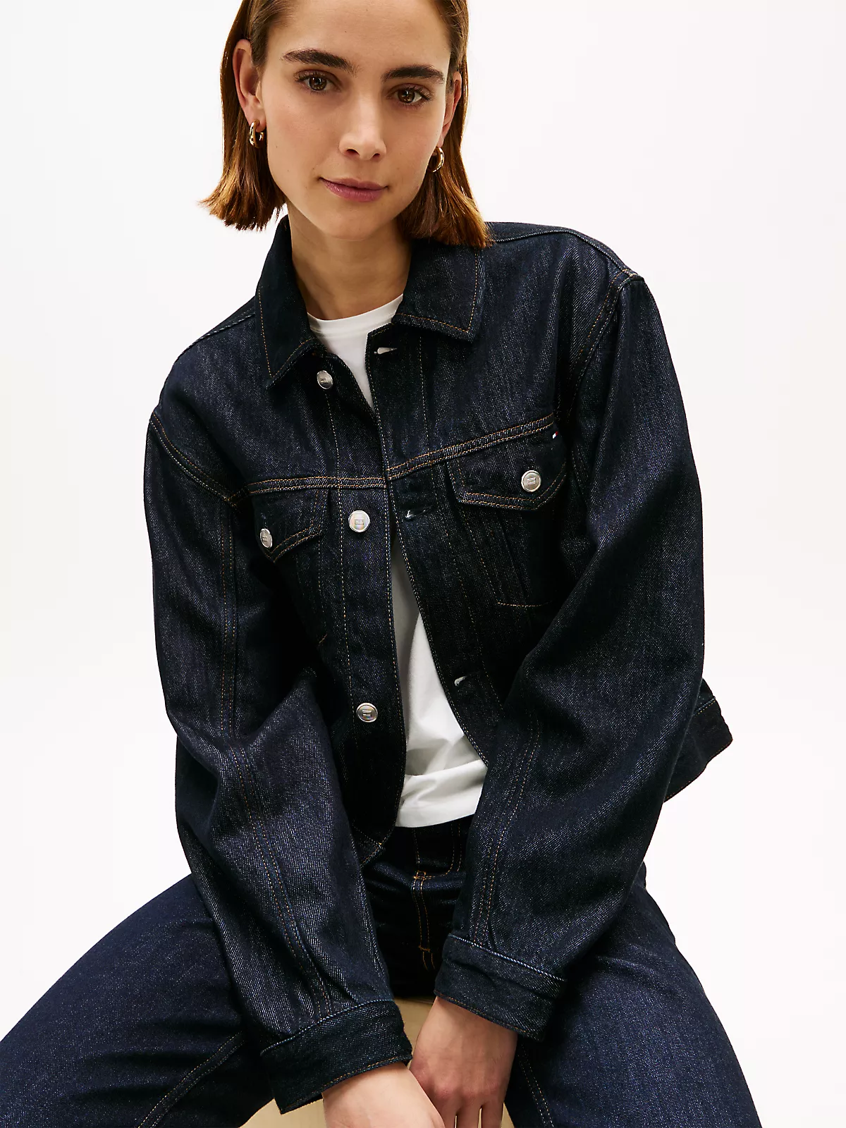 Tommy Hilfiger Tommy Hilfiger Kadın Normal Kalıp Hafif Düşük Omuzlu Uzun Kollu Pamuklu Denim Lacivert Ceket WW0WW49523-1AP