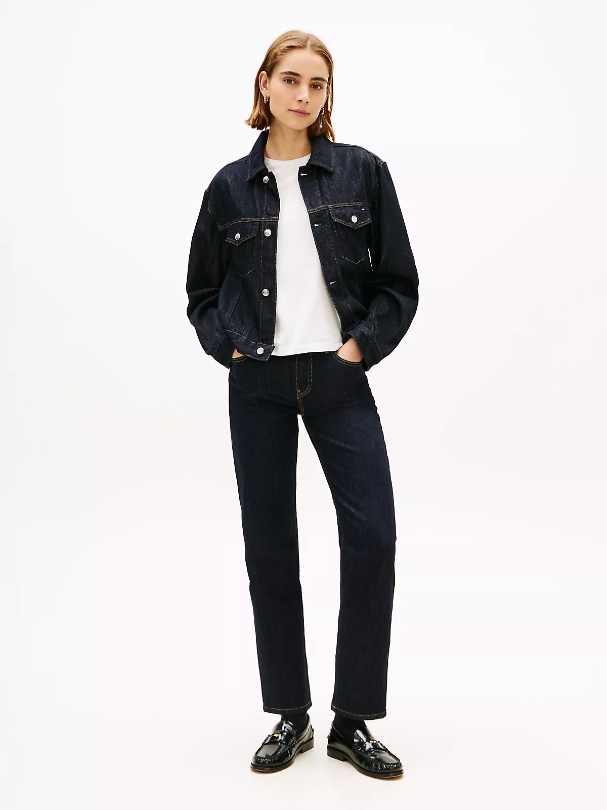 Tommy Hilfiger Tommy Hilfiger Kadın Normal Kalıp Hafif Düşük Omuzlu Uzun Kollu Pamuklu Denim Lacivert Ceket WW0WW49523-1AP