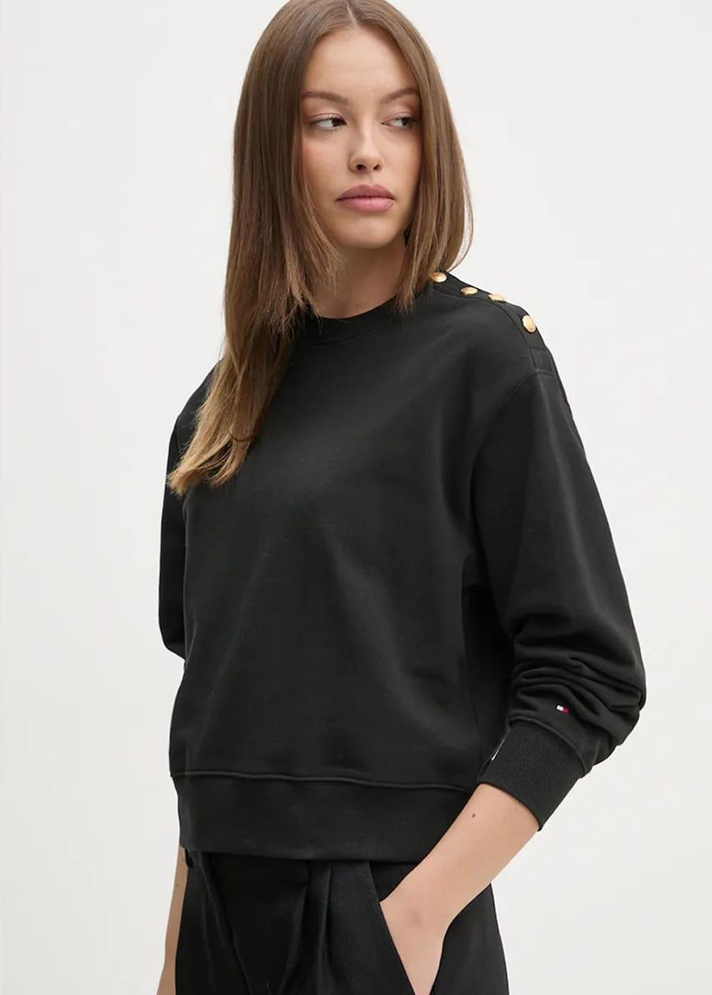 Tommy Hilfiger Tommy Hilfiger Kadın Omzu Düğme Detaylı Pamuklu Bisiklet Yaka Çizgili Uzun Kollu Siyah Sweatshirt WW0WW43606-BDS