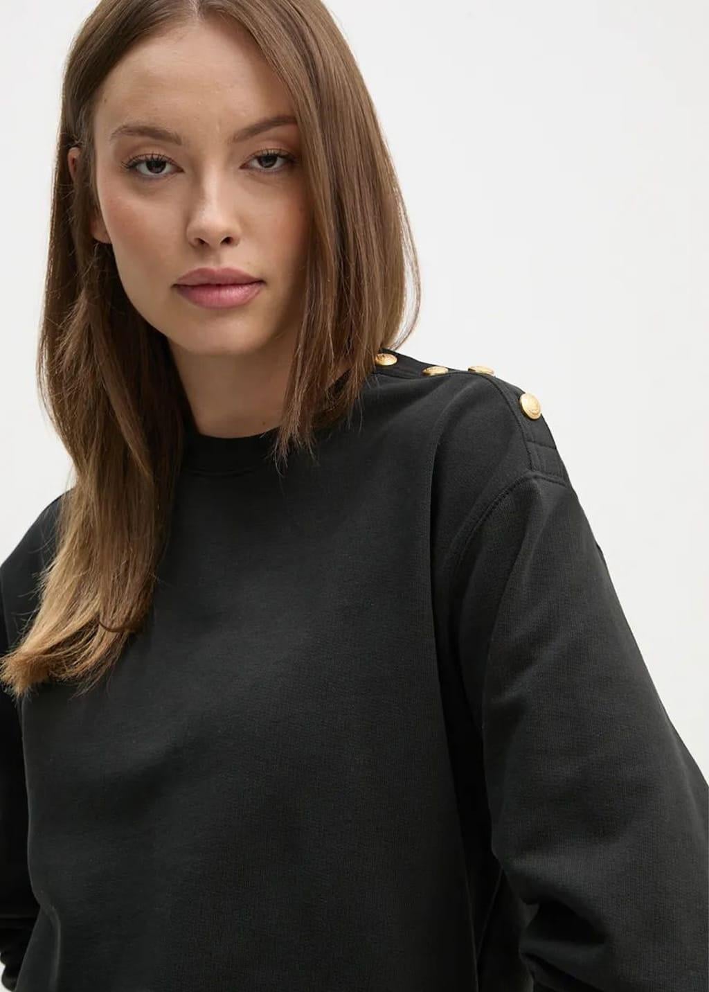 Tommy Hilfiger Tommy Hilfiger Kadın Omzu Düğme Detaylı Pamuklu Bisiklet Yaka Çizgili Uzun Kollu Siyah Sweatshirt WW0WW43606-BDS