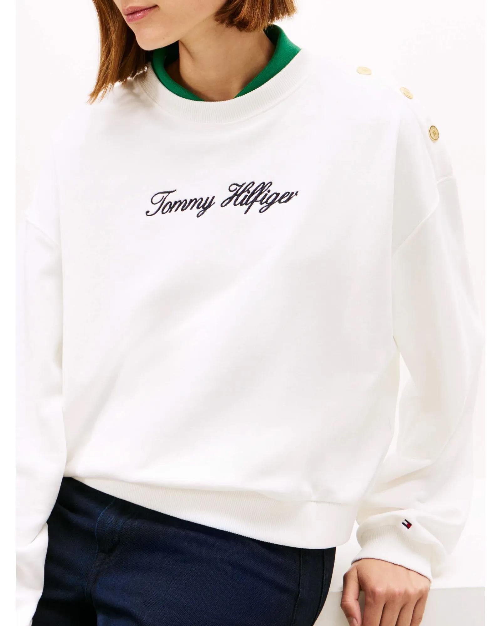 Tommy Hilfiger Tommy Hilfiger Kadın Pamuklu Bisiklet Yaka Uzun Kollu Beyaz Sweatshirt WW0WW48783-YBL