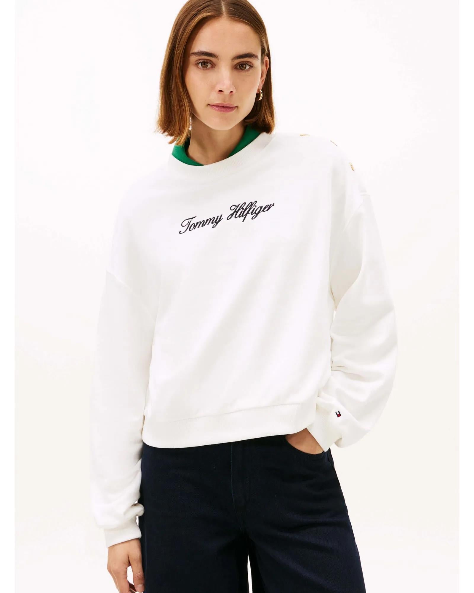 Tommy Hilfiger Tommy Hilfiger Kadın Pamuklu Bisiklet Yaka Uzun Kollu Beyaz Sweatshirt WW0WW48783-YBL
