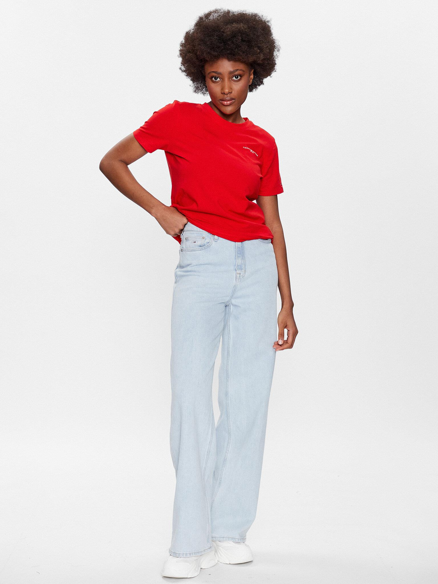 Tommy Hilfiger Tommy Hilfiger Kadın Pamuklu Yuvarlak Yaka Marka Logolu Kırmızı T-Shirt WW0WW37877-SNE