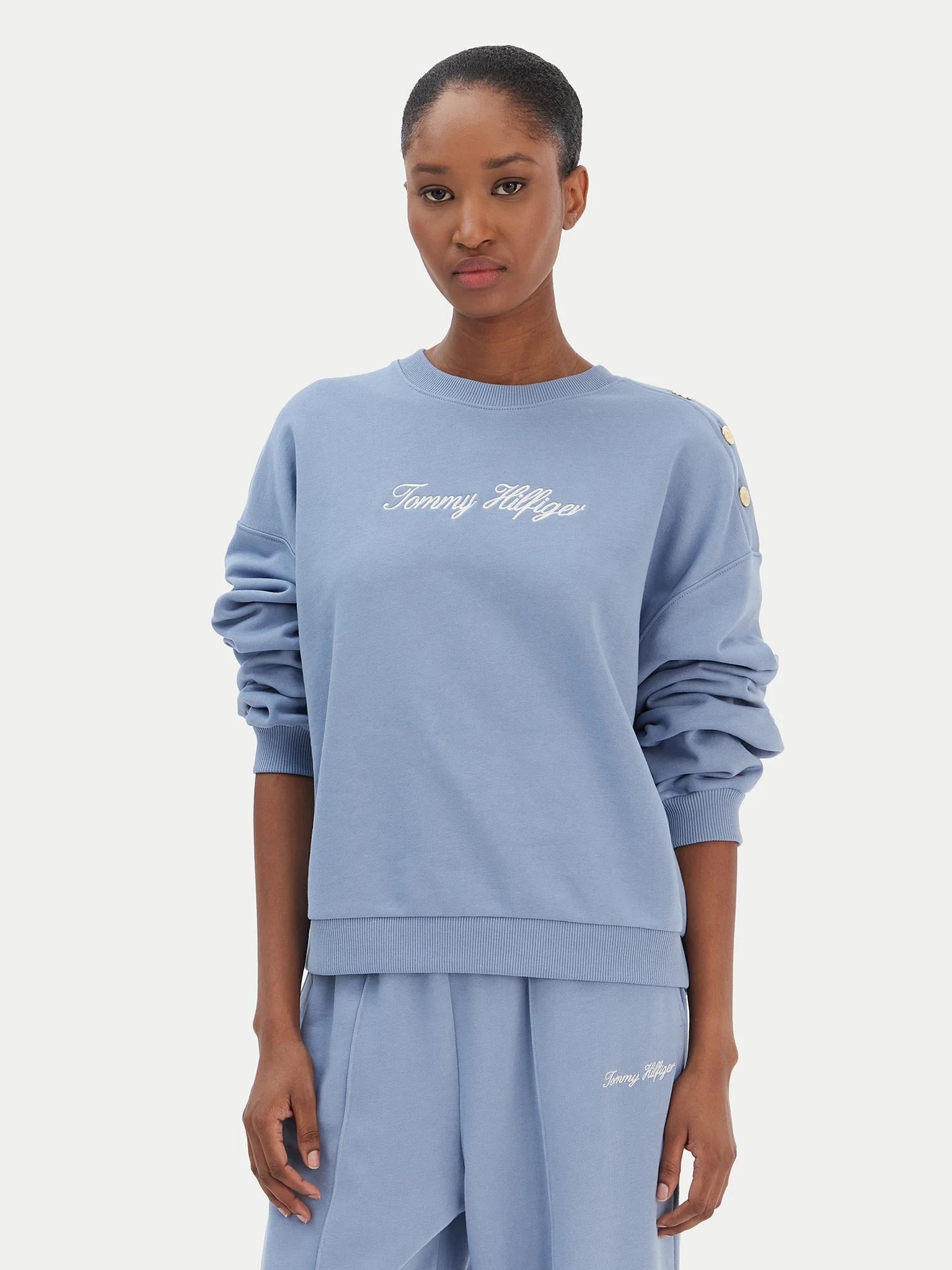 Tommy Hilfiger Tommy Hilfiger Kadın Pamuklu Bisiklet Yaka Uzun Kollu Açık Mavi Sweatshirt WW0WW48783-C33