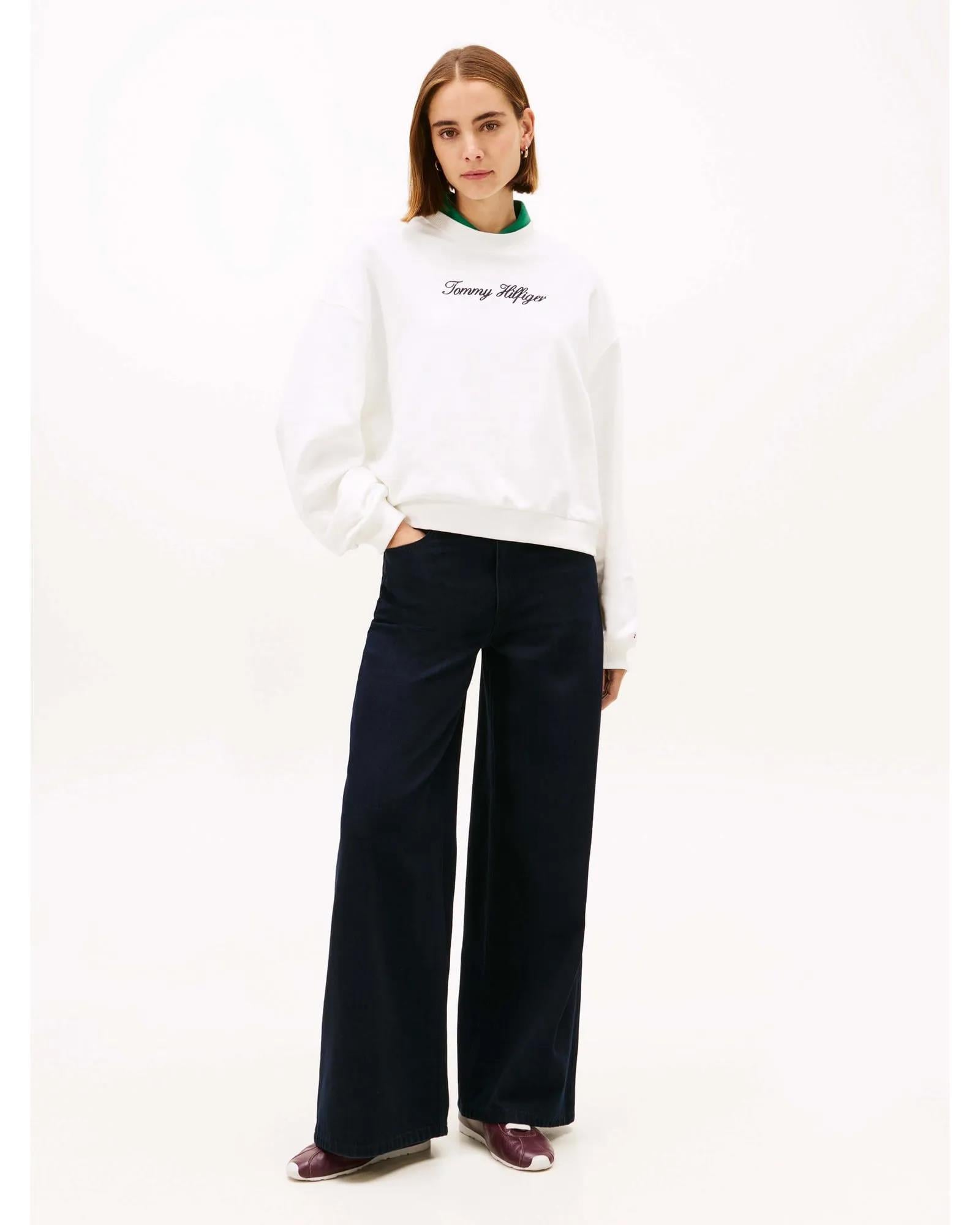 Tommy Hilfiger Tommy Hilfiger Kadın Pamuklu Bisiklet Yaka Uzun Kollu Beyaz Sweatshirt WW0WW48783-YBL