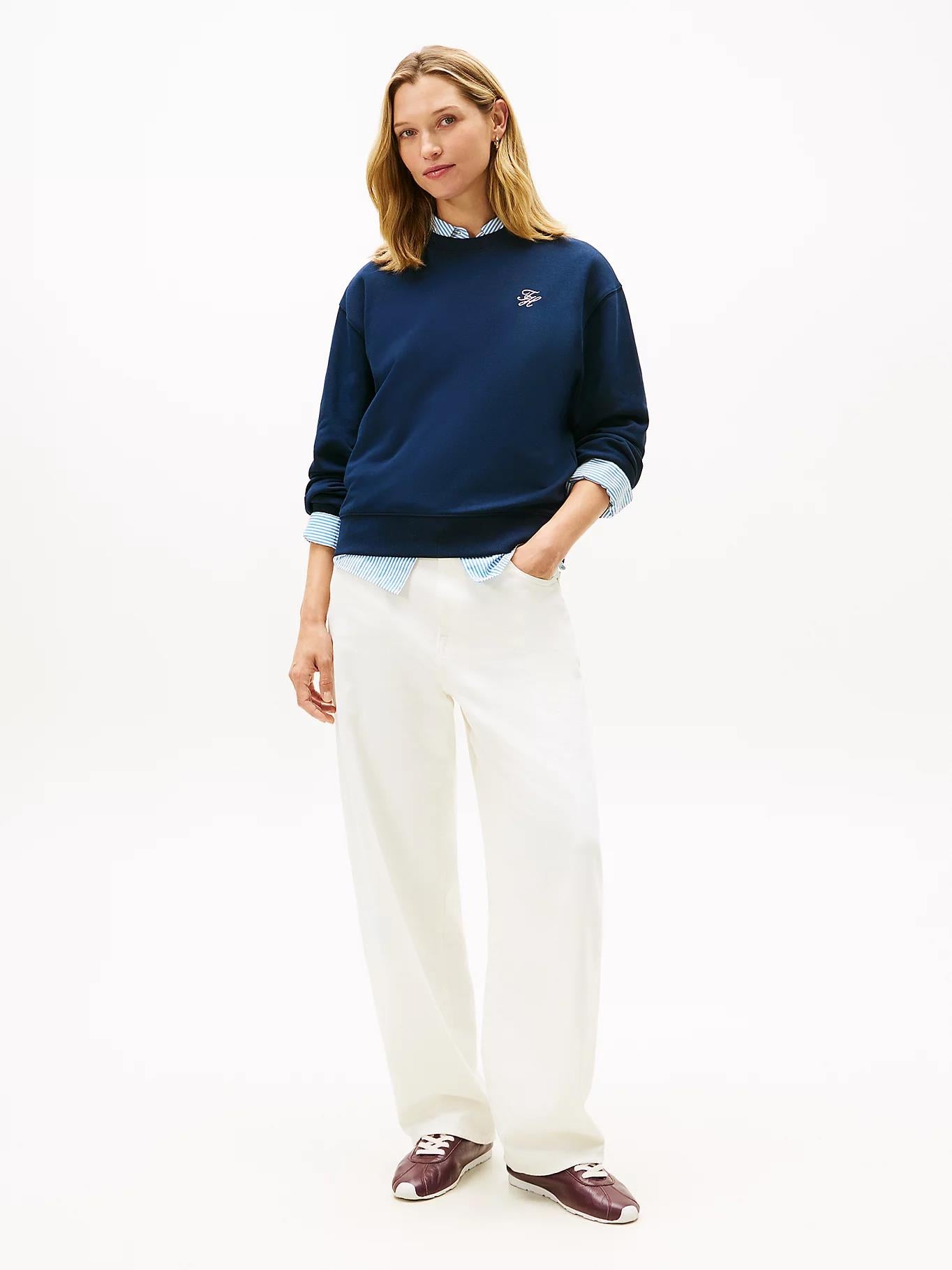 Tommy Hilfiger Tommy Hilfiger Kadın Pamuklu Bisiklet Yaka Uzun Kollu Lacivert Sweatshirt WW0WW49418-C1G