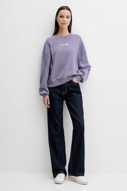 Tommy Hilfiger Tommy Hilfiger Kadın Pamuklu Rahat Kalıp Yuvarlak Yakalı Düşük Omuzlu Mor Sweatshirt WW0WW48269-W0G