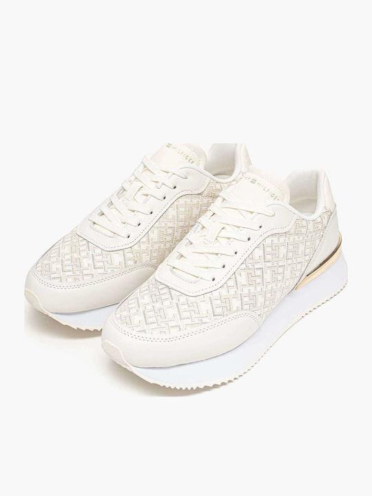 Tommy Hilfiger Tommy Hilfiger Kadın Rahat Taban TH monogram Logolu Deri Beyaz Sneaker FW0FW09051-YA8