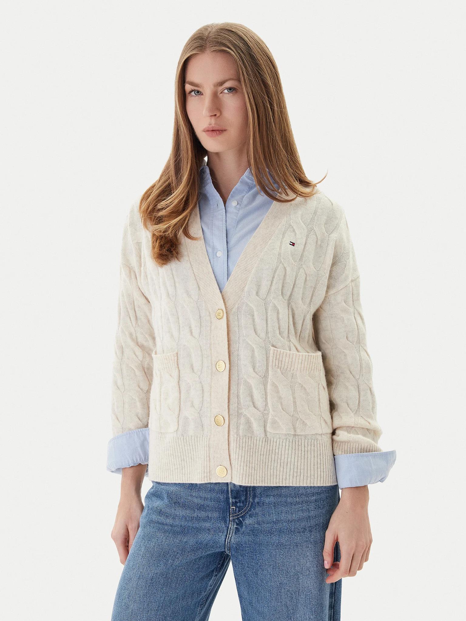 Tommy Hilfiger Tommy Hilfiger Kadın Rahat Kalıp %100 Yün Desenli Örme Uzun Kollu Bej Hırka WW0WW43089-ADK