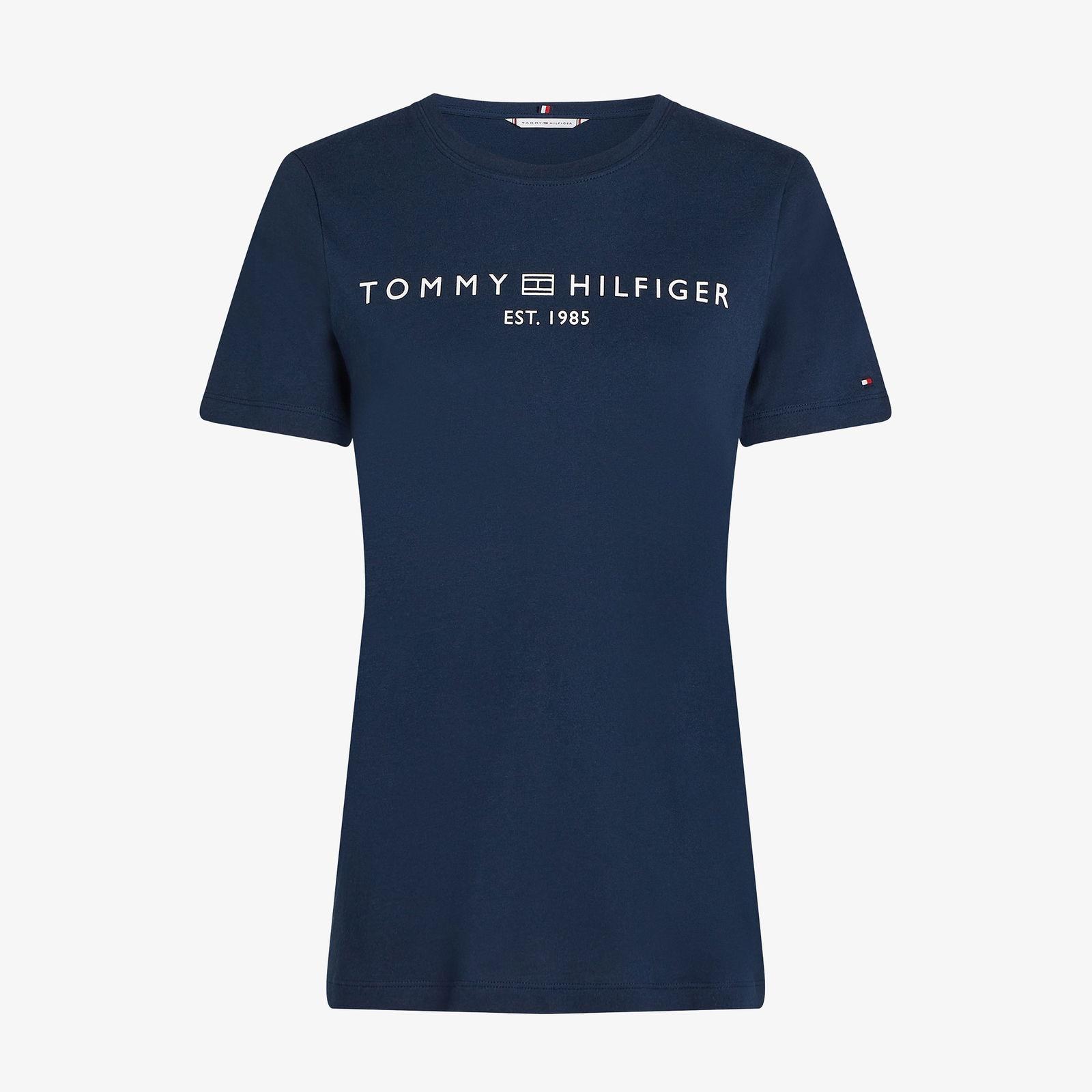 TOMMY HILFIGER Tommy Hilfiger Kadın Saf Pamuklu Yuvarlak Yaka Göğüste Logolu Kısa Kollu Lacivert Bluz WW0WW40276-C1G