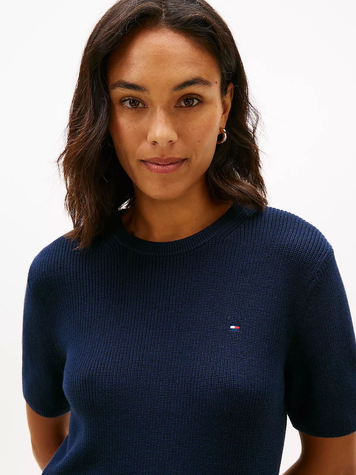 Tommy Hilfiger Tommy Hilfiger Kadın Saf Pamuklu Yuvarlak Yakalı Kısa Kollu Lacivert Kazak WW0WW48793-C1G