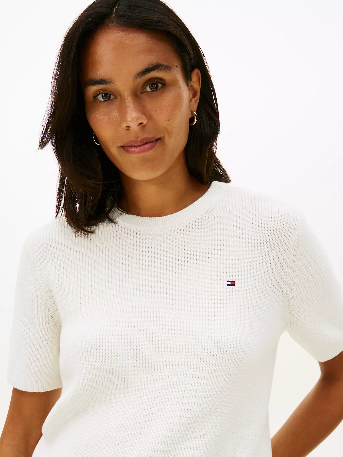 Tommy Hilfiger Tommy Hilfiger Kadın Saf Pamuklu Yuvarlak Yakalı Kısa Kollu Beyaz Kazak WW0WW48793-YBI