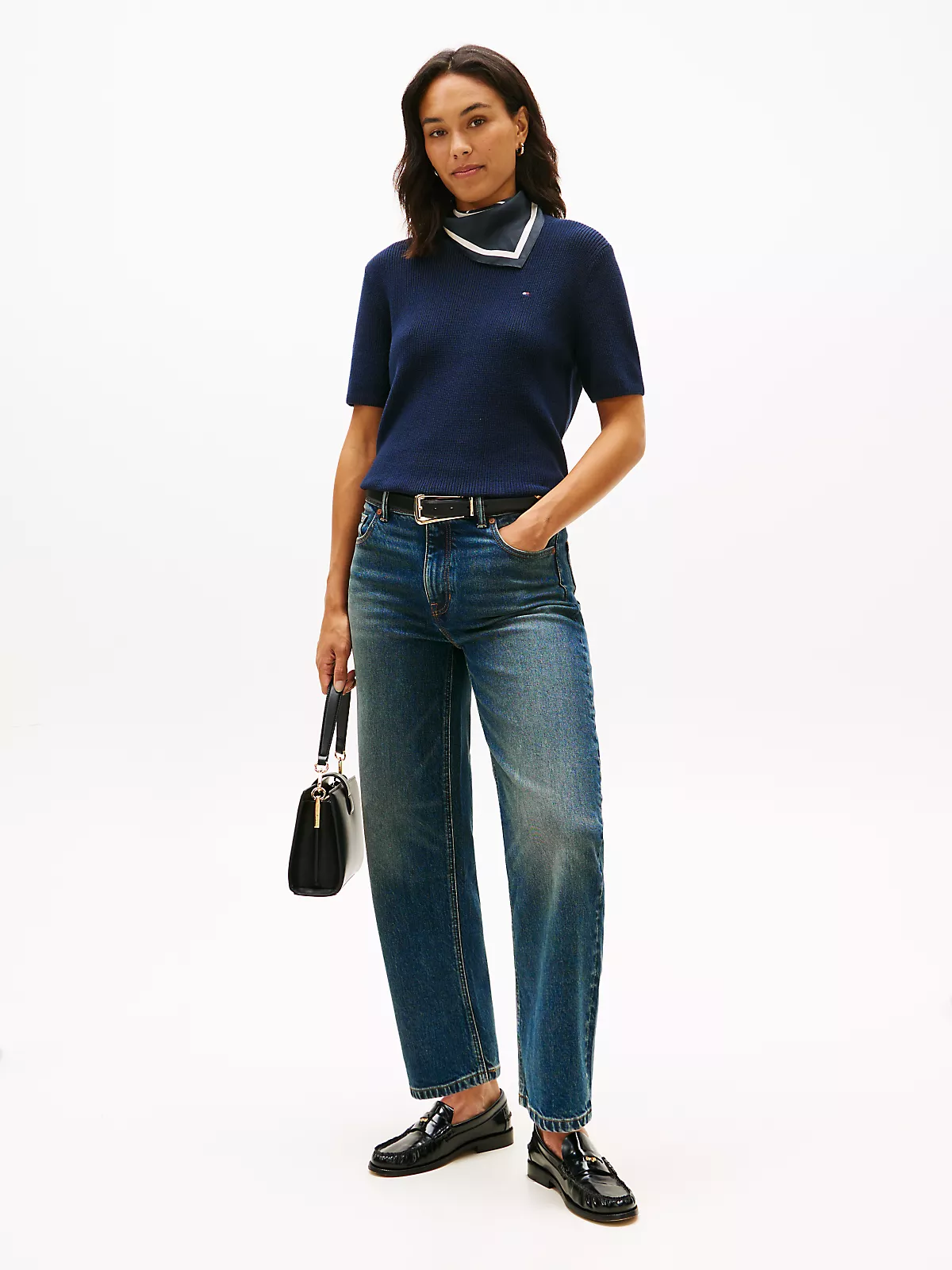 Tommy Hilfiger Tommy Hilfiger Kadın Saf Pamuklu Yuvarlak Yakalı Kısa Kollu Lacivert Kazak WW0WW48793-C1G