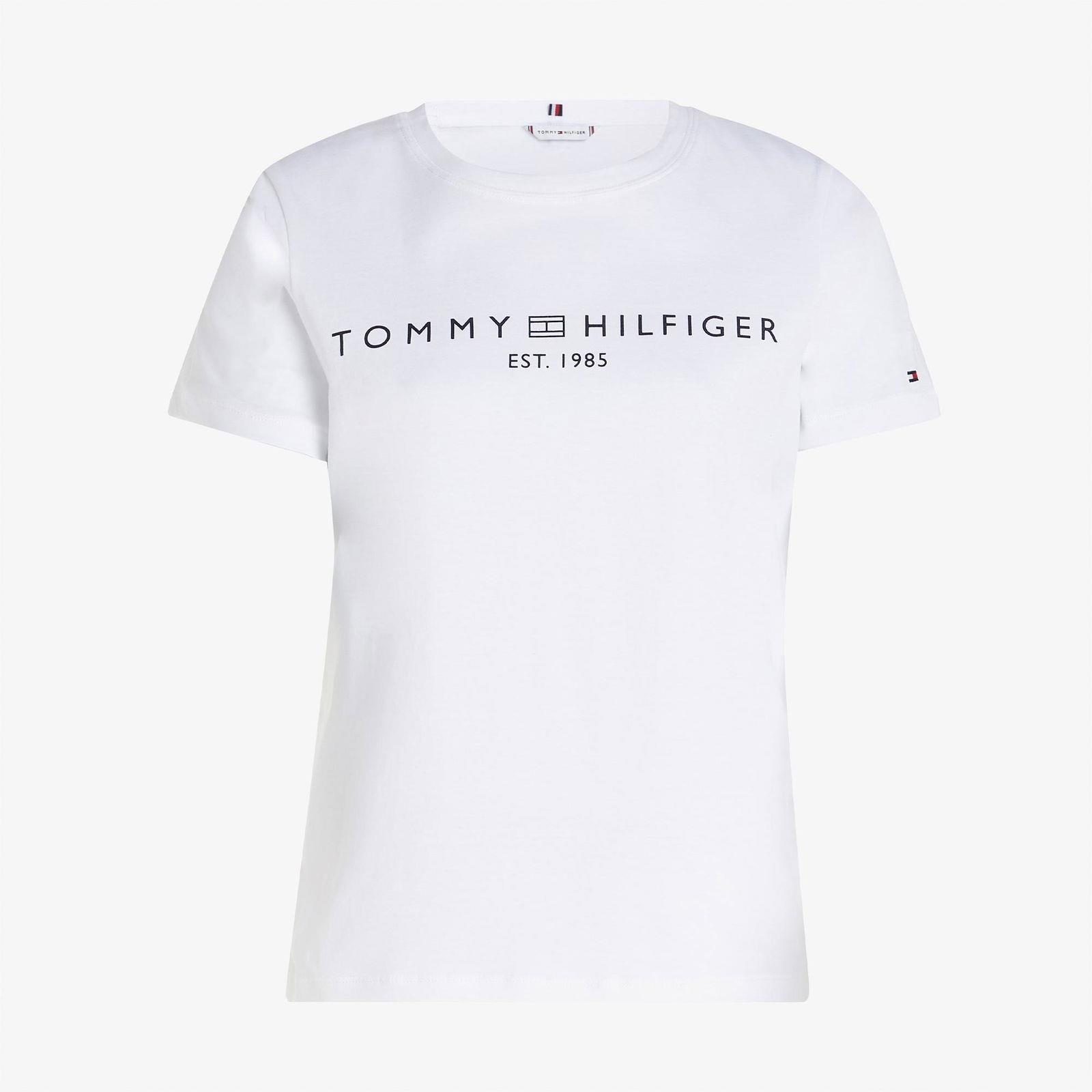 TOMMY HILFIGER Tommy Hilfiger Kadın Saf Pamuklu Yuvarlak Yaka Göğüste Logolu Kısa Kollu Beyaz Bluz WW0WW40276-YCF