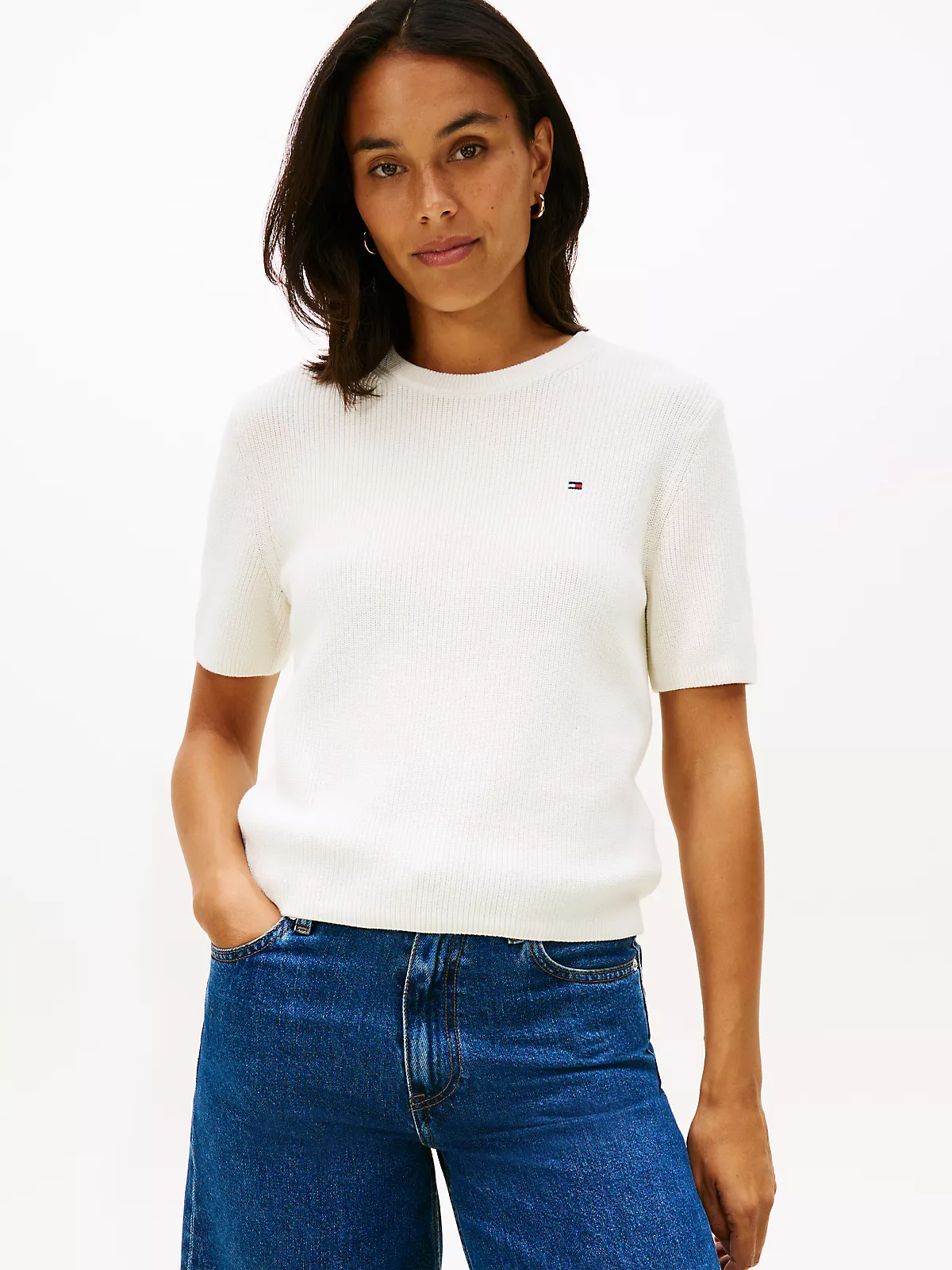 Tommy Hilfiger Tommy Hilfiger Kadın Saf Pamuklu Yuvarlak Yakalı Kısa Kollu Beyaz Kazak WW0WW48793-YBI