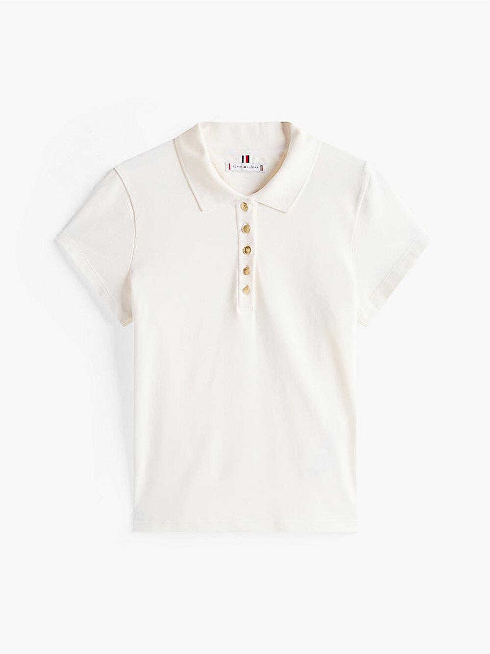 TOMMY HILFIGER Tommy Hilfiger Kadın Slim Fit Gold Düğme Detaylı Esnek Pamuklu Kısa Kollu Beyaz Polo Yaka T-Shirt WW0WW45768-YA8
