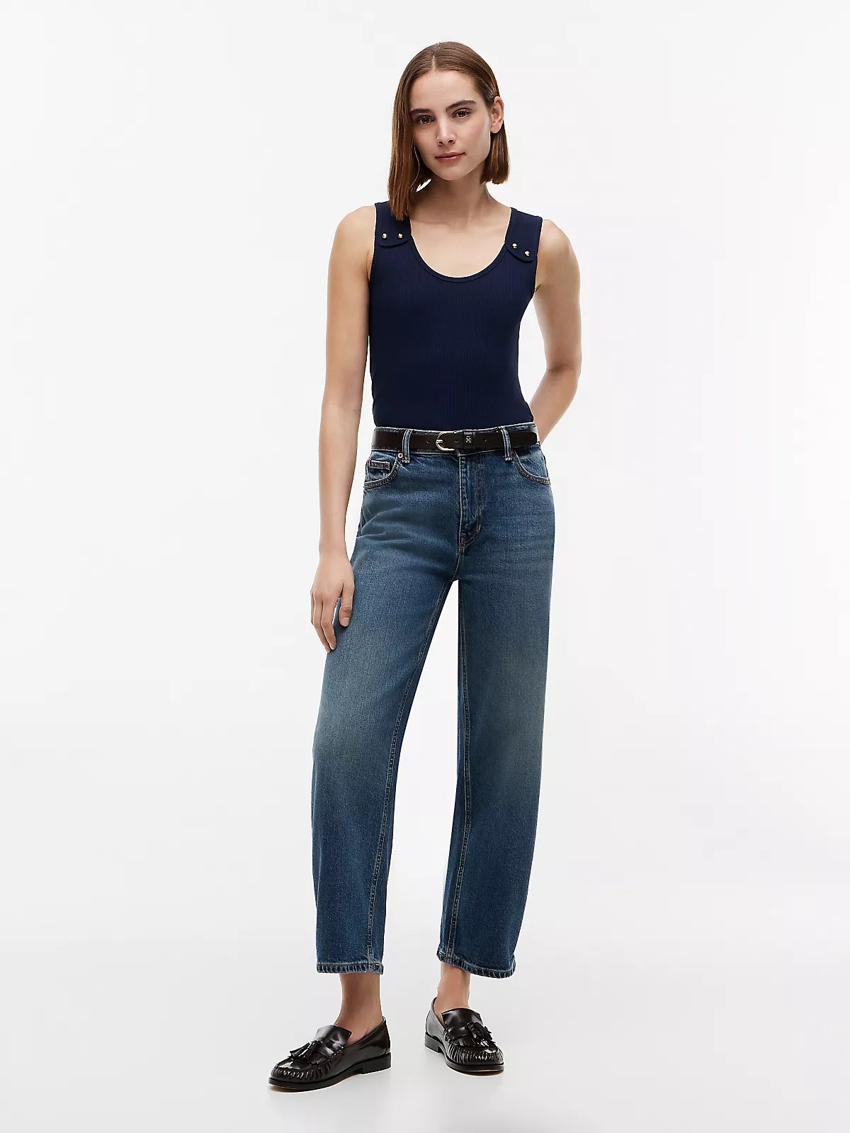 Tommy Hilfiger Tommy Hilfiger Kadın Slim Fit Yuvarlak Yaka Çizgili Kalın Askı Lacivert T-Shirt WW0WW52112-C1G