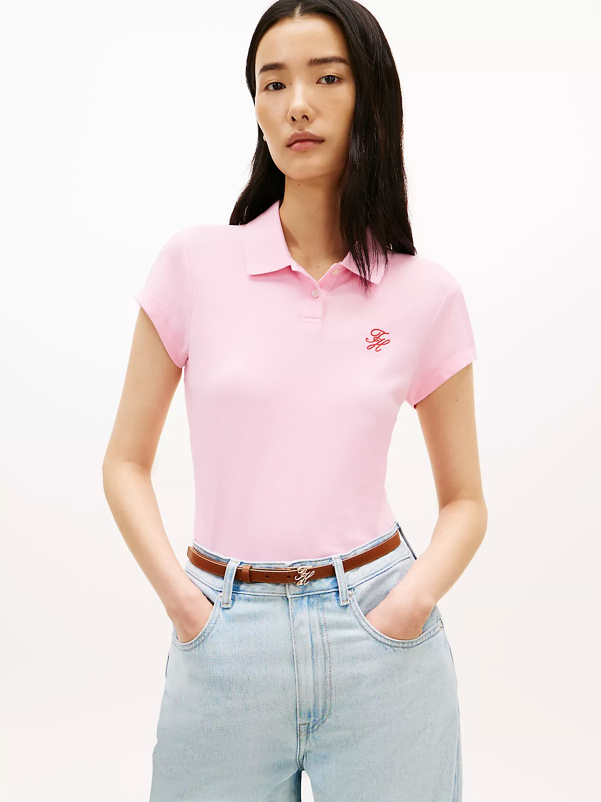 Tommy Hilfiger Tommy Hilfiger Kadın Slim Fit Göğsünde Logo İşlemeli Pamuklu Kısa Kollu Pembe Polo Yaka T-Shirt WW0WW49259-TOL
