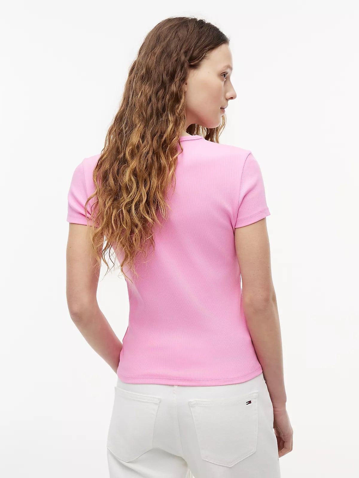 Tommy Hilfiger Tommy Hilfiger Kadın Slim Fit Yatay Çizgili Yuvarlak Yakalı Kısa Kollu Pembe T-Shirt DW0DW17383-TOU