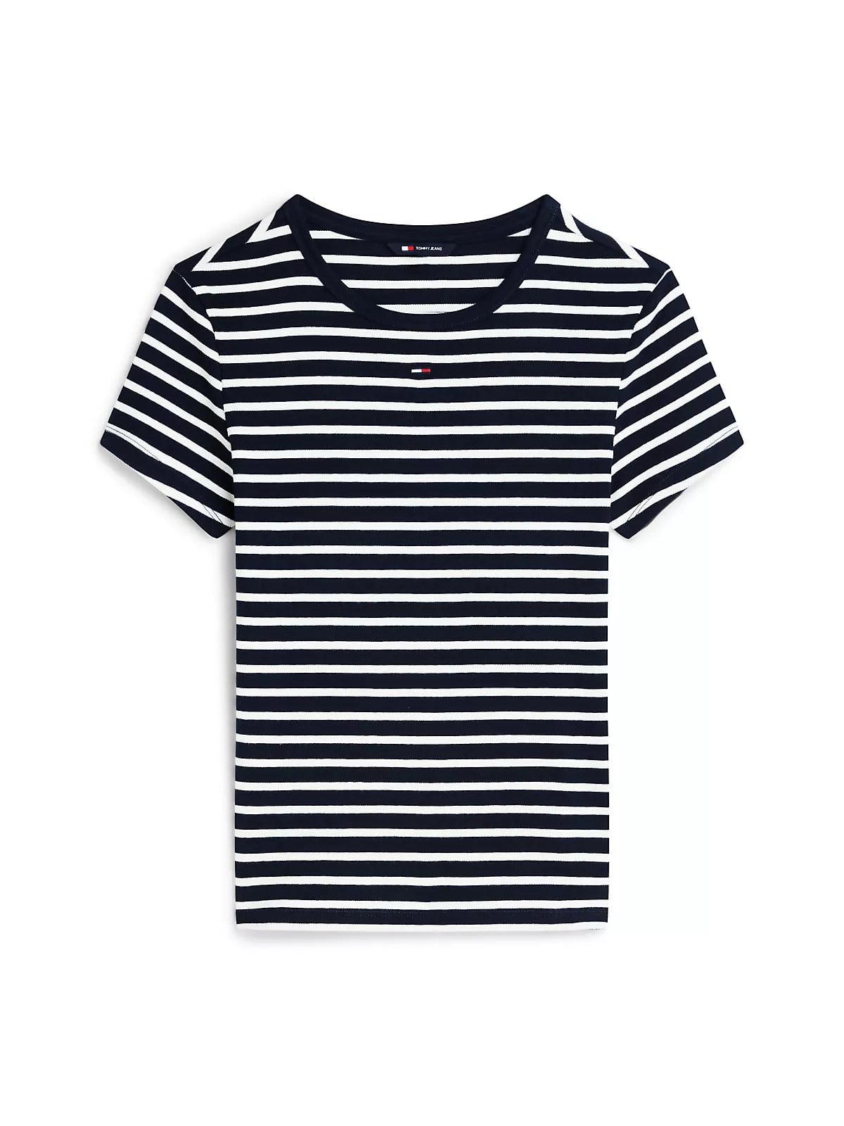 Tommy Hilfiger Tommy Hilfiger Kadın Slim Fit Yatay Çizgili Yuvarlak Yakalı Kısa Kollu Lacivert-Beyaz T-Shirt DW0DW17383-0A7