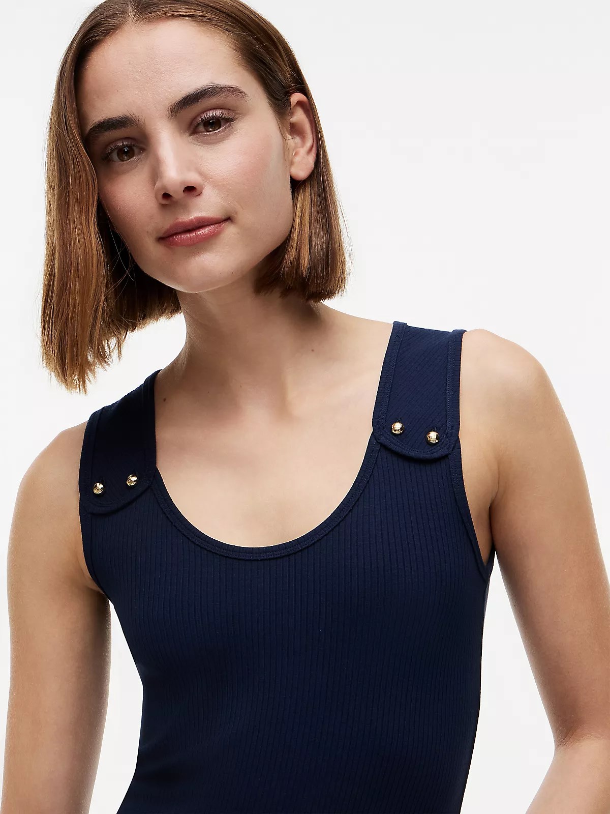 Tommy Hilfiger Tommy Hilfiger Kadın Slim Fit Yuvarlak Yaka Çizgili Kalın Askı Lacivert T-Shirt WW0WW52112-C1G