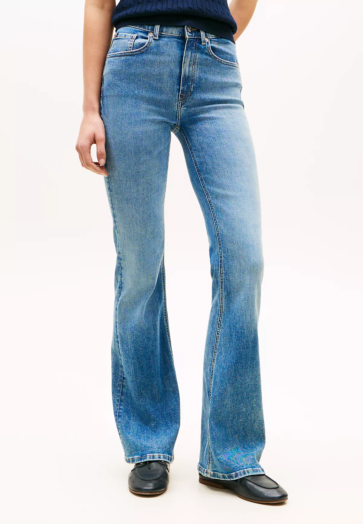 Tommy Hilfiger Tommy Hilfiger Kadın Slim Fit Eskitme Desenli Geniş Paçalı Denim Mavi Jeans WW0WW48570-1A7