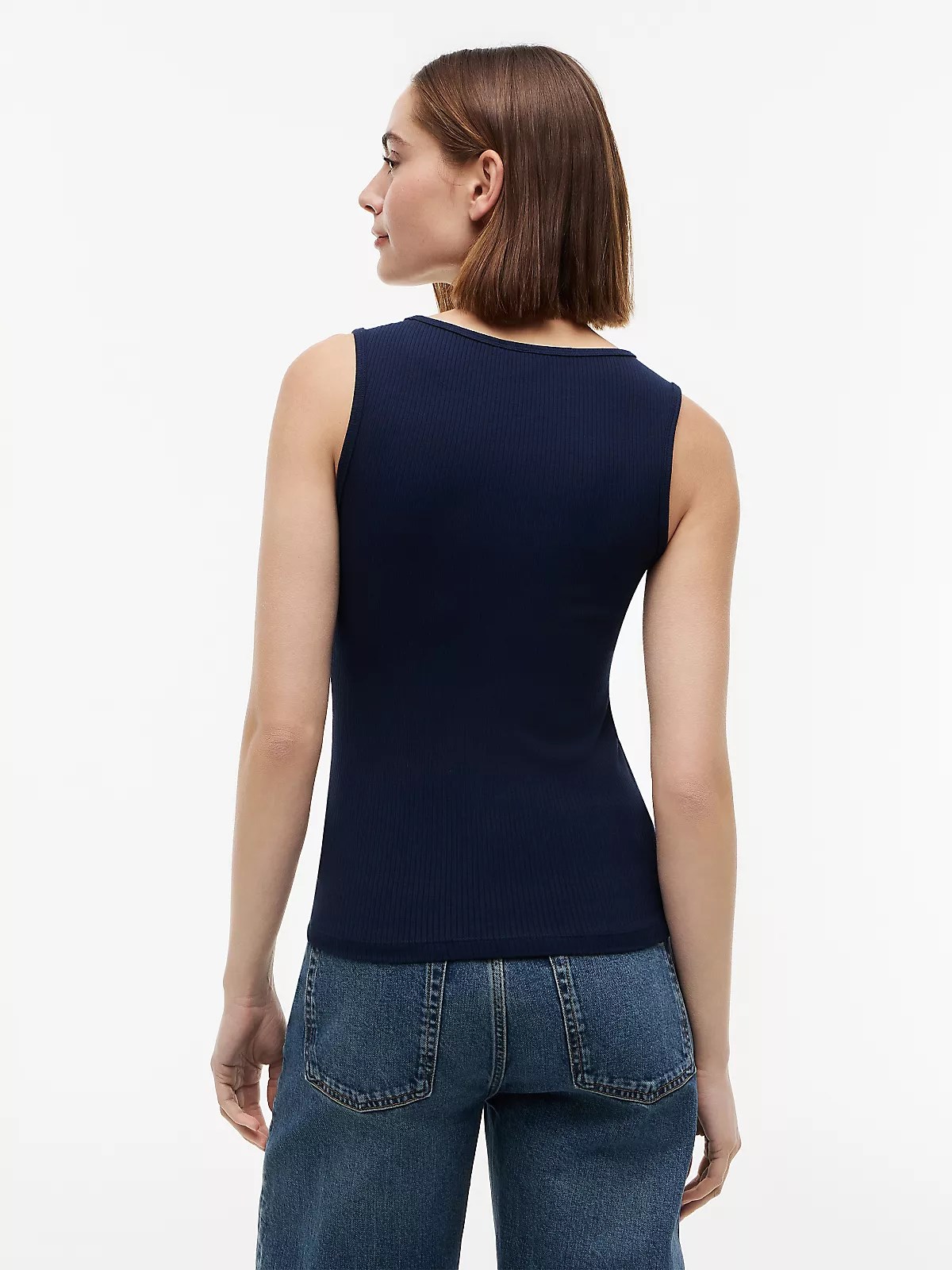 Tommy Hilfiger Tommy Hilfiger Kadın Slim Fit Yuvarlak Yaka Çizgili Kalın Askı Lacivert T-Shirt WW0WW52112-C1G