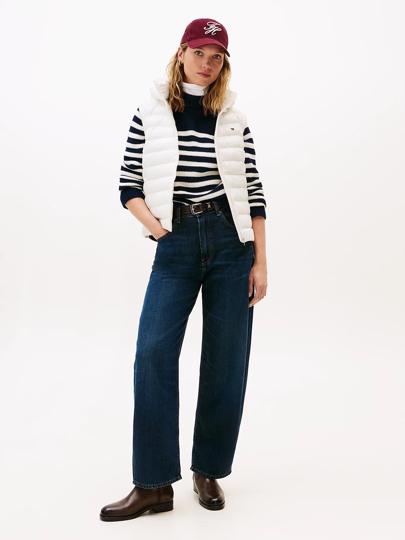 Tommy Hilfiger Tommy Hilfiger Kadın Su Geçirmez Astarlı Dolgulu Kumaş Çizgili Kapitone Desenli Kapüşonlu Beyaz Yelek WW0WW47352-YA8