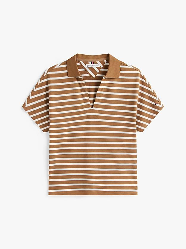 TOMMY HILFIGER Tommy Hilfiger Kadın V Yaka Kısa Kol Düz Dokuma Kumaş Kahverengi Polo Yaka T-Shirt WW0WW46512-0BN