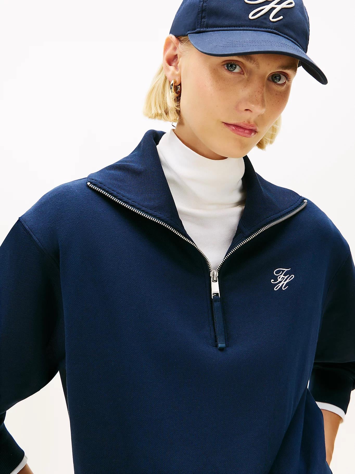 Tommy Hilfiger Tommy Hilfiger Kadın Yarım Fermuarlı Örgü Lacivert Sweatshirt WW0WW49470-C1G