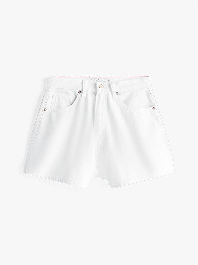 TOMMY HILFIGER Tommy Hilfiger Kadın Yüksek Bel Kısa Boy Cep Detay Denim Kumaş Beyaz Şort WW0WW46504-YBR